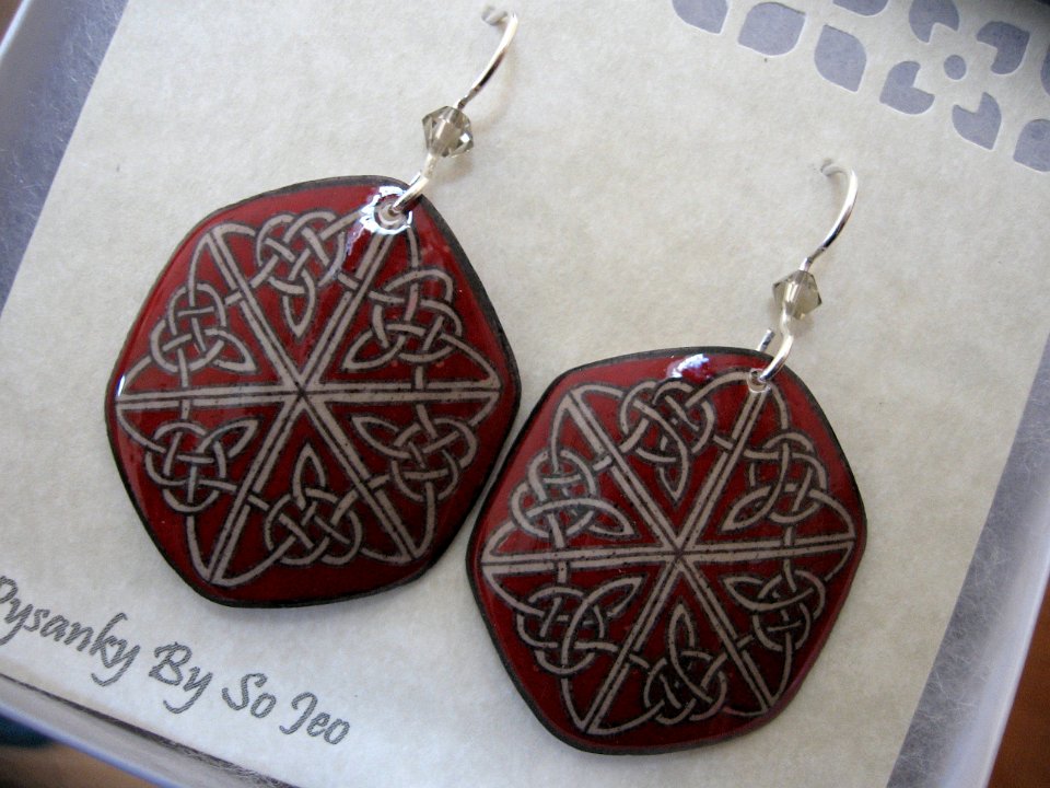 Red Celtic Triangles Earrings Pysanky Jewelry by So Jeo